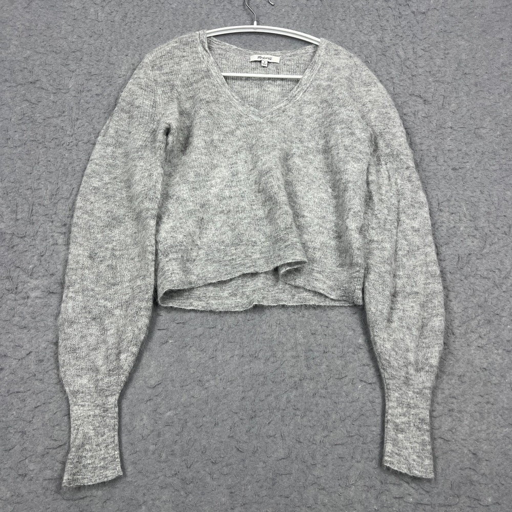 Madewell Sweater Women's Medium Gray Deep V-Neck Alpaca Fuzzy Knit Crop Pullover